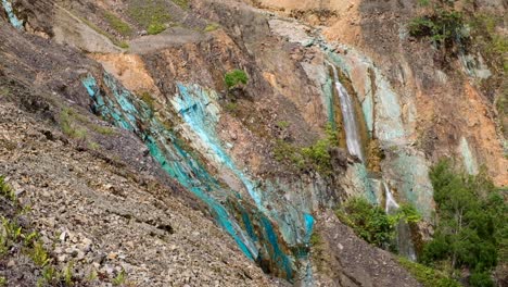 Running-water-over-rocky-mining-environment-within-copper-and-gold-Panguna-Mine-in-remote,-tropical-island-of-Bougainville,-Papua-New-Guinea
