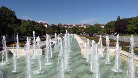 Fountains-in-front-of-the-National-Palace-of-Culture-in-autumn-on-a-lazy-Sunday,-Sofia,-Bulgaria