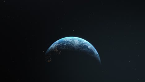 Aerial-shot-of-sun-lighting-3d-earth-globe-at-dark-night-sky-with-stars---abstract-animation-view-from-space