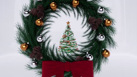 Corona-De-Abeto-De-Navidad-Con-Cinta-Roja,-Bolas-De-Oro-Y-Plata,-Pinos-De-Piedra-Y-Un-árbol-De-Navidad-En-La-Parte-Trasera,-Sobre-Fondo-Blanco-Brillante-Animación-3d