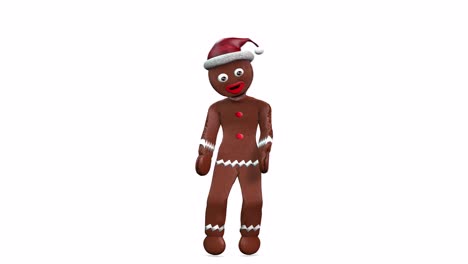 Christmas-gingerbread-wearing-a-Santa-hat-and-dancing-slowly-on-white-background