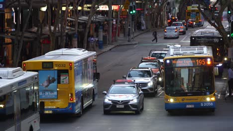 Rapid-population-growth-and-interstate-migration-caused-Brisbane-city-to-have-the-worst-access-to-public-transport-in-Australia,-bottleneck-bus-traffic-on-Adelaide-Street-during-weekday-peak-hours