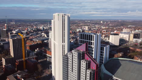 Aerial-Drone-shot-of-university-student-accommodation-in-Leeds-City-Centre-near-Leeds-arena
