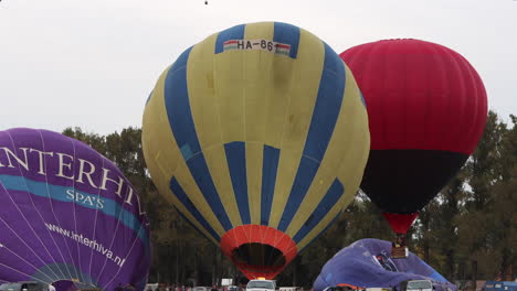 Colorful-hot-air-balloons-inflating-and-taking-off-during-festival-in-Romania