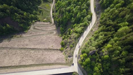 Aerial-Top-down-shot-of-cars-driving-on-road-along-reservoir-with-trees-in-the-foreground