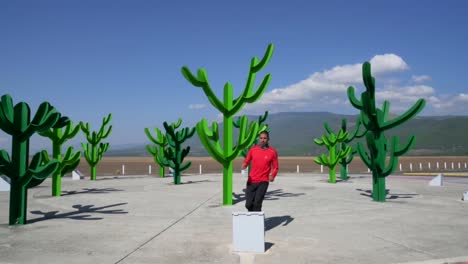 A-man-running-In-a-fake-cacti-garden-and-jumps-at-the-end,-looks-very-happy-and-excited-slowmotion