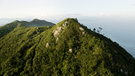 drone-distancing-a-tropical-forest-mountain-peak-in-a-beautiful-summer-day-revealing-the-scenery-with-ocean-all-around