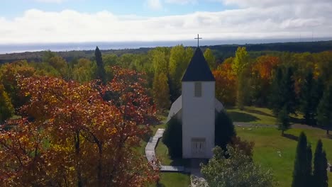 Aerial-view-of-church-in-autumn