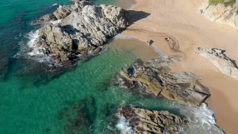 Costa-Brava-beach,-aerial-drone,-paradise,-turquoise-green---Lloret-de-Mar-Mediterranean---Spain