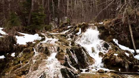 Malerischer-Wasserfall-An-Einem-Frühlingsbach,-Der-Sich-Durch-Den-Wald-In-Der-Ausläuferregion-Im-Südwesten-Von-Alberta-Schlängelt