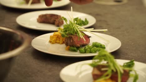Chef-preparing-beef-steak-with-vegetables-on-white-plate-at-food-festival