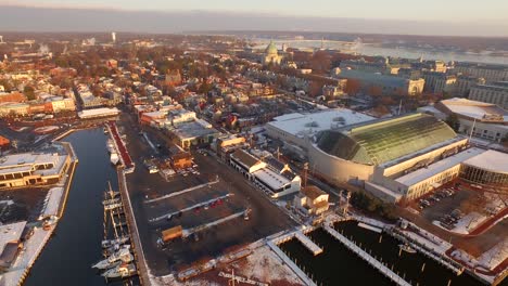 Aerial-ultra-wide-of-historic-Annapolis-during-sunrise-with-Maryland-state-Capital-US-Naval-Academy-campus