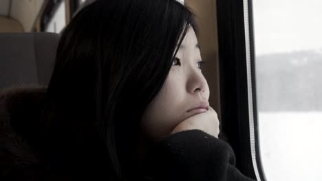 Asian-Girl-looking-out-of-moving-train-window-at-wintery-snow-landscape