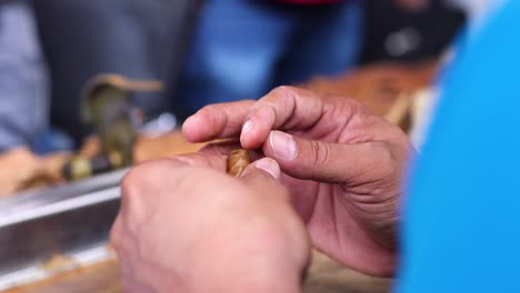 Slow-motion-shot-of-aged-and-wrinkled-hands-delicately-rolling-a-cigar-in-the-Caribbean