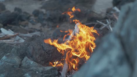 Rack-focus-campfire-burning-on-rocky-seaside-shoreline-4K