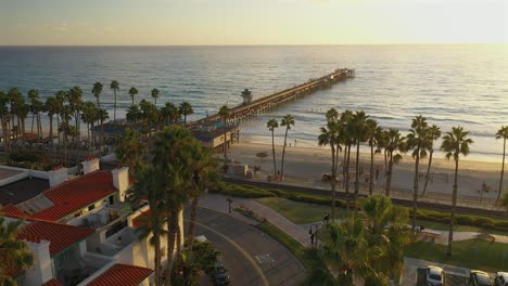 Aerial-view-of-the-pier-in-San-Clemente,-California,-over-the-top-of-tall-palm-trees
