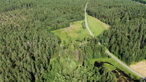 Majestic-countryside-road-surrounded-by-dense-forest-in-Lithuania,-aerial-drone-view