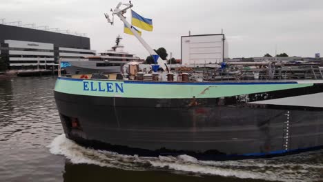 Close-Shot-Of-Long-Industrial-Ship,-Ellen,-Cruising-Noord-River,-Alblasserdam-south-Holland