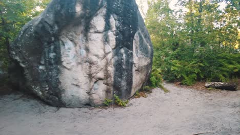 Camera-moves-narrow-path-in-between-2-boulders-through-in-fontainebleau-forest