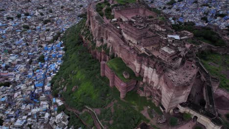 Aerial-View-Of-Mehrangarh-Fort-Surrounded-By-Famous-Rajasthan's-Blue-City-Jodhpur