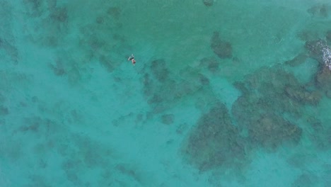Aerial-cenital-shot-of-a-panga-boat-and-a-tourist-swimming-in-the-Marietas-Islands,-Nayarit,-Mexico