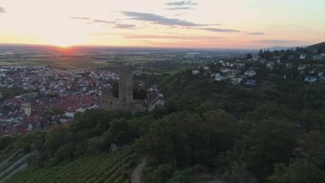 Aerial-view-of-Strahlenburg-castle-and-grape-vine-fields-in-Schriesheim-Germany-during-beautiful-sunset