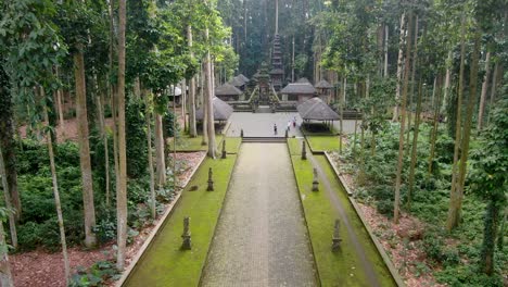 Jungle-path-leading-toward-majestic-temple-of-Sangeh,-aerial-drone-view