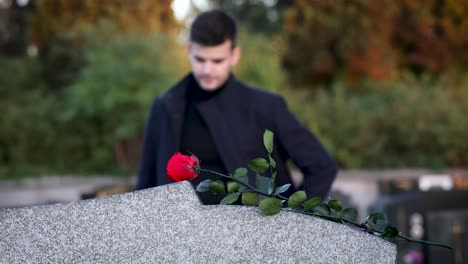 Junger-Mann-Auf-Dem-Friedhof-Mit-Einer-Blume