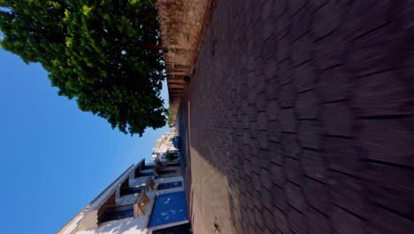 Vertical-Shot-Of-Las-Damas-Street,-Colonial-Zone-In-Santo-Domingo,-Dominican-Republic---FPV