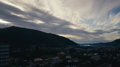 Timelapse-Shot-Of-Bergen-Becoming-Dark-With-The-Clouds-Covering-The-Sun