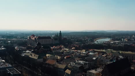 Aerial-shot-of-old-town-in-Kraków,-4k-footage
