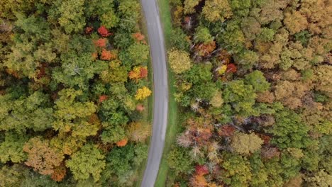 Aerial-view-of-a-car-on-a-country-road-in-France-in-Occitanie,-surrounded-by-a-colorful-forest-in-the-Autumn-season,-beautiful-landscapes-and-nature