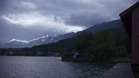 Arth,-Switzerland,-Lake,-early-morning,-mountain,-boat-dock,-village,-duck