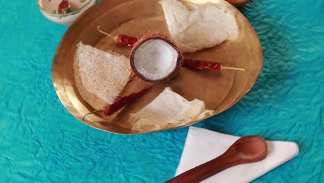 Neer-dosa,-a-south-Indian-traditional,-popular-and-vegetarian-crepe-or-dish,-with-coconut-and-tomato-chuntey-as-side-dishes-on-nice-background
