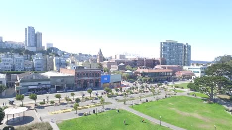 Drone-Aerial-Shot-of-San-Francisco's-Ghirardelli-Square-and-City