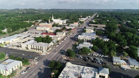 Aerial-drone-video-of-city-of-Fredericksburg-in-Texas