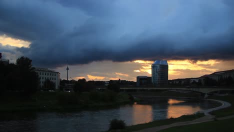 Sunset-Clouds-Over-the-Bridge-and-Neris-River-in-the-Capital-City-Vilnius,-Lithuania,-Baltic-States,-Europe-2