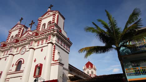 Church-in-Tropical-Catholic-Village-Guatape-Medellin-Colombia-Colonial-Red-White-Traditional-Architecture-Nuestra-Señora-del-Carmen