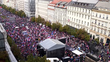 Massive-protest-with-flags-at-Wenceslas-square-in-Prague,-Czechia