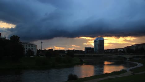 Sunset-Clouds-Over-the-Bridge-and-Neris-River-in-the-Capital-City-Vilnius,-Lithuania,-Baltic-States,-Europe-3