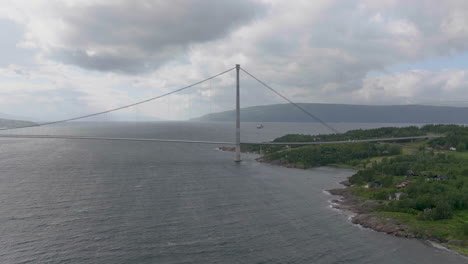 Hålogalandsbrua-bridge-suspension-tower-near-shore-of-Rombaksfjord-in-Norway