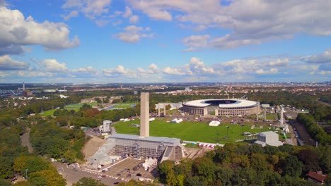 Smooth-aerial-view-flight-speed-ramp-Hyperlapse-motionlapse-timelapse
of-maifeld-Olympiastadion-Berlin-Germany-at-summer-day-2022