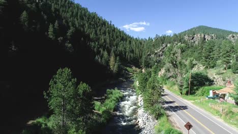 Disparo-De-Dron-Sobre-La-Autopista-34-Cerca-De-Estes-Park-Colorado-Que-Revela-Montañas-Y-Bosques