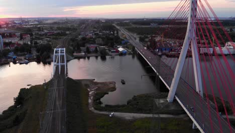 Aerial-dolly-shot-of-Cable-Stayed-Bridge-On-Motława-River-In-Gdansk,-Poland
