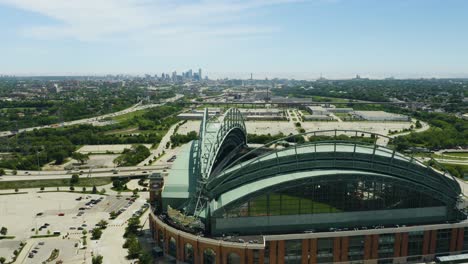 Static-Aerial-shot-of-Miller-Park-with-Milwaukee,-Wisconsin-in-the-background-[4k
