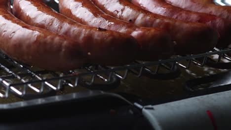 Close-up-of-sizzling-fresh-german-sausages-on-electrical-BBQ-grill-Bavarian-traditional-pig-intestine-casing-green-cooking-combat-global-warming-Bratwurst-Rostbratwurst-delicious-bavaria-cusine-220v