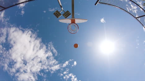 Basketball-game-unique-angle-of-ball-being-shot-into-hoop