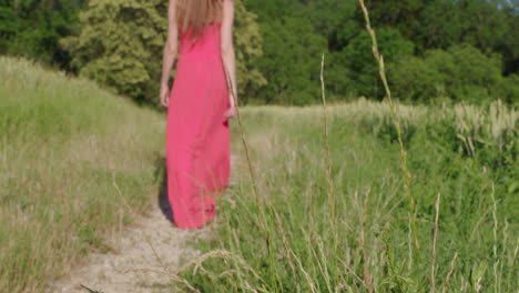 a-woman-in-a-red-dress-walks-through-a-nature-landscape
