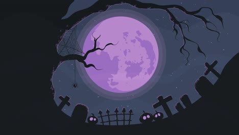 Animation-of-a-dark-bluish-scary-night-with-full-moon,-spooky-tree-with-spider-hanging,-frightening-alive-pumpkins-and-terrifying-tombs