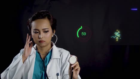 Female-doctor-or-nurse-holds-up-a-stethoscope-as-if-checking-a-patient's-heart-while-a-futuristic-dispay-of-the-health-data-is-animated-in-the-background